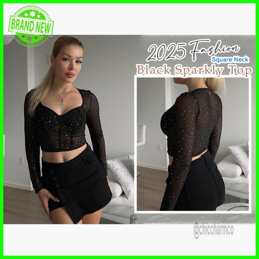 Long Sleeve Mesh Crop Top with Sparkle Square Neck Y2K Style - Picture 7 of 7